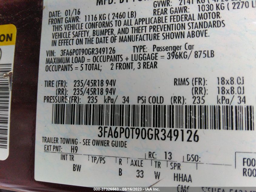 2016 FORD FUSION SE - 3FA6P0T90GR349126