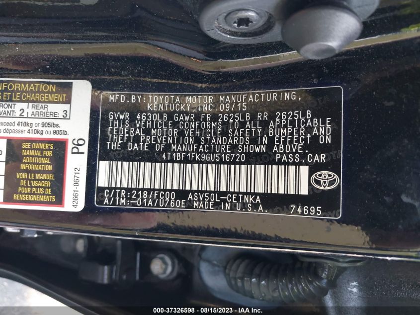 2016 TOYOTA CAMRY XLE/SE/LE/XSE - 4T1BF1FK9GU516720