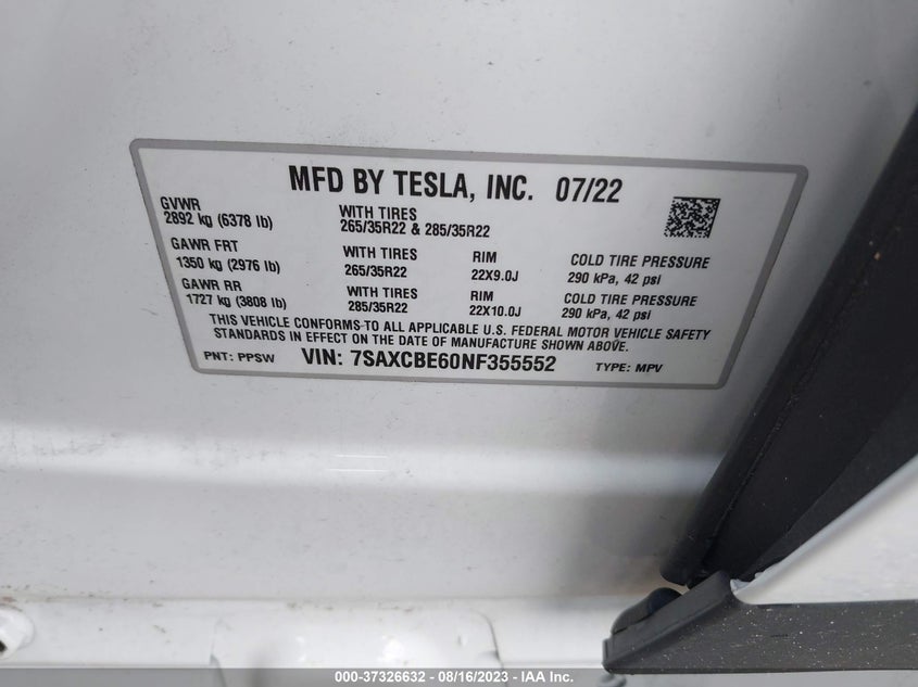 VIN 7SAXCBE60NF355552 2022 TESLA MODEL X PLAID