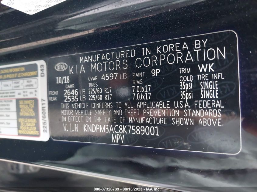 2019 KIA SPORTAGE LX - KNDPM3AC8K7589001
