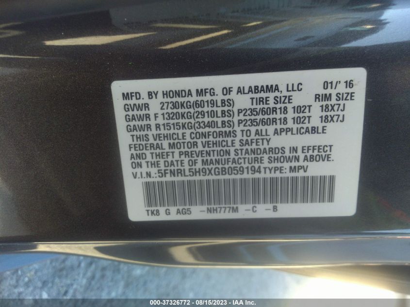 2016 HONDA ODYSSEY TOURING - 5FNRL5H9XGB059194