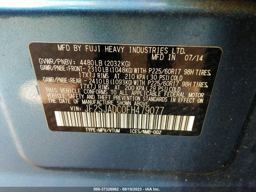 2015 SUBARU FORESTER 2.5I PREMIUM - JF2SJADC0FH479077
