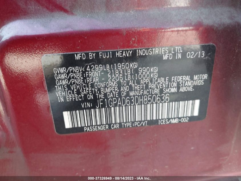 2013 SUBARU IMPREZA WAGON 2.0I PREMIUM - JF1GPAD63DH850636