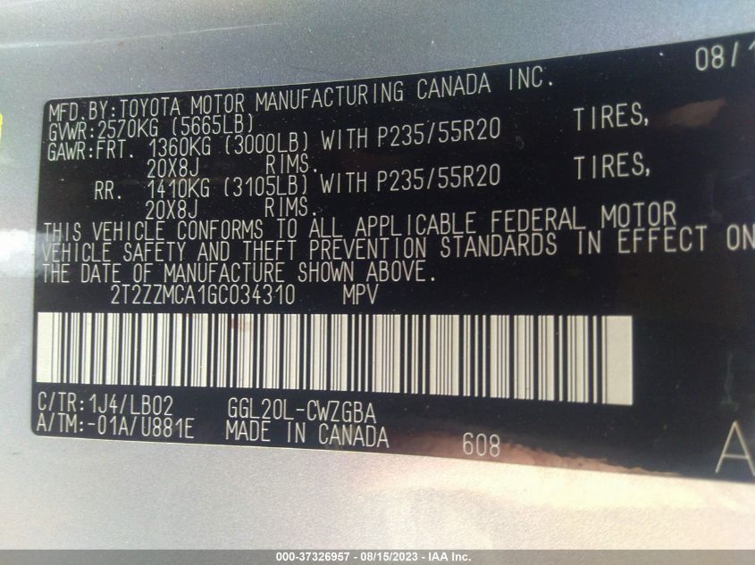 2016 LEXUS RX 350 - 2T2ZZMCA1GC034310