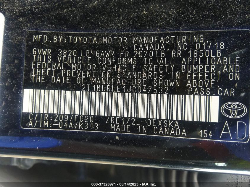2018 TOYOTA COROLLA L/LE/XLE/SE/XSE - 2T1BURHE1JC047532