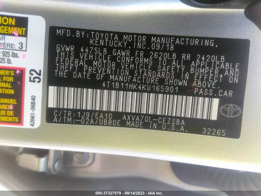 2019 TOYOTA CAMRY L/LE/XLE/SE/XSE - 4T1B11HK4KU165901