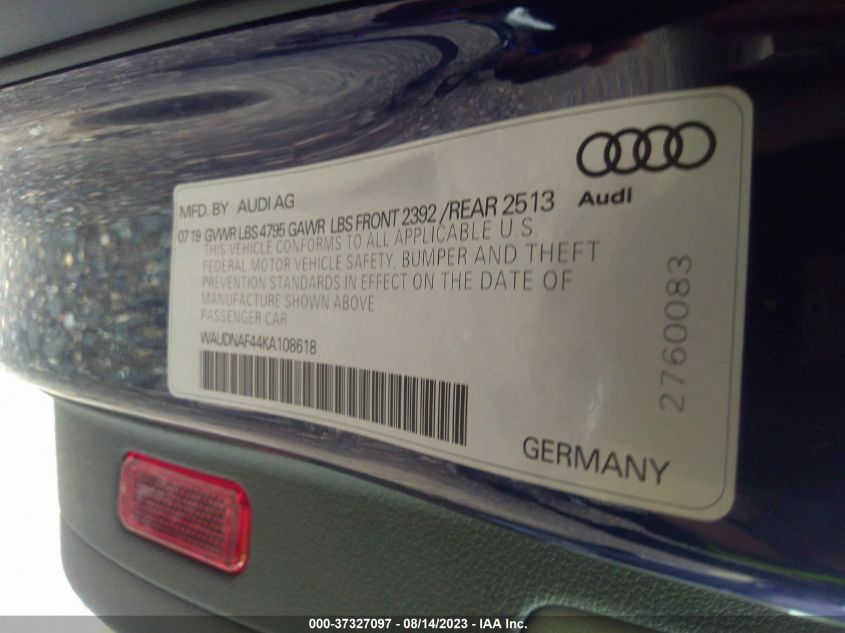2019 AUDI A4 PREMIUM - WAUDNAF44KA108618