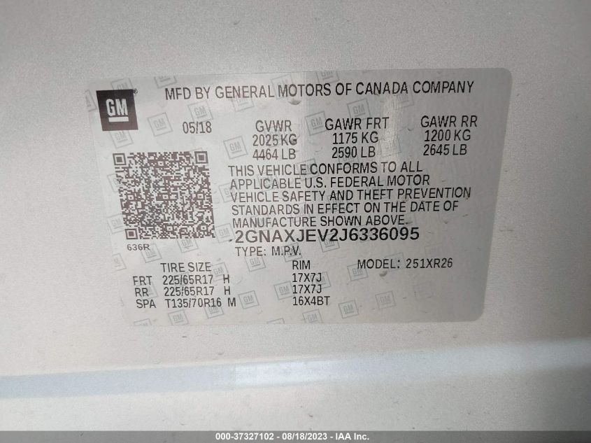 2018 CHEVROLET EQUINOX LT - 2GNAXJEV2J6336095