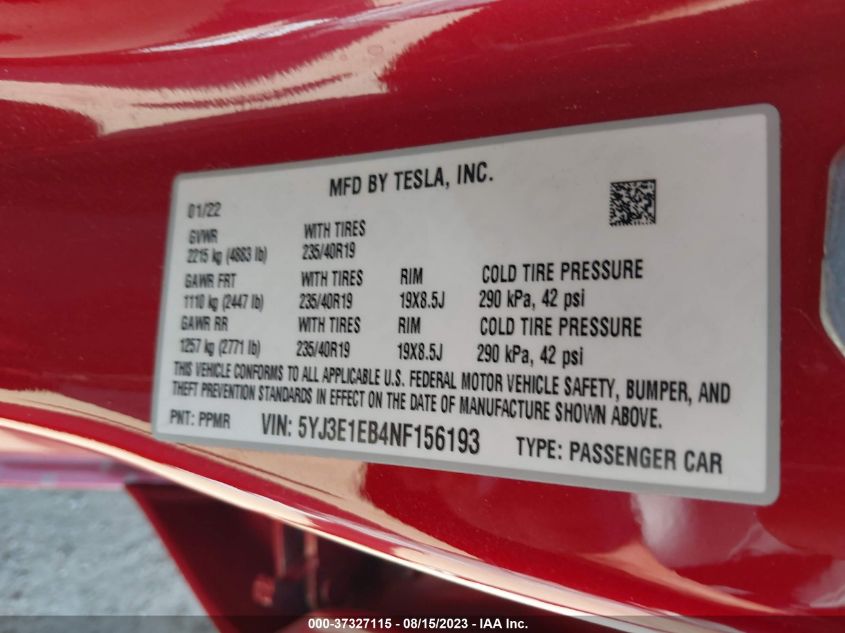 2022 TESLA MODEL 3 LONG RANGE - 5YJ3E1EB4NF156193