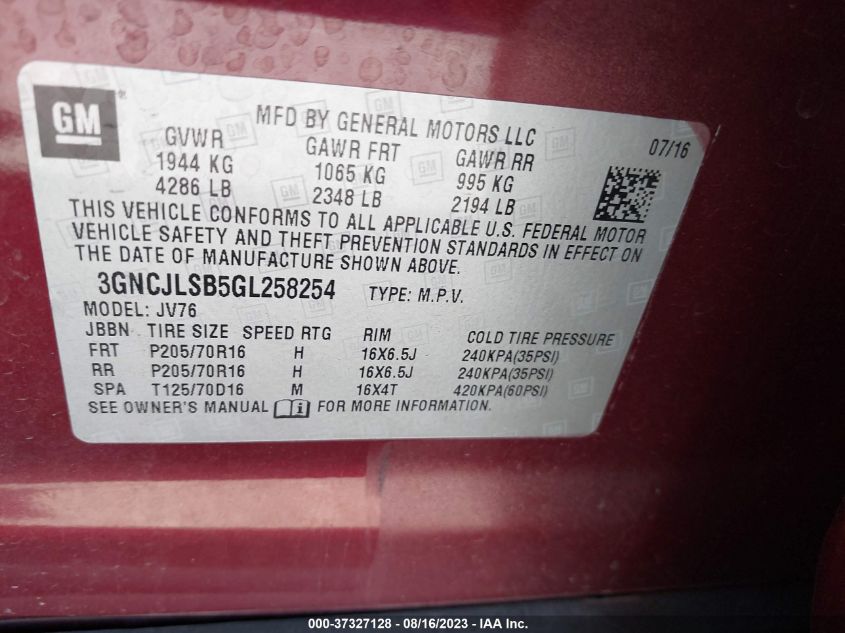 2016 CHEVROLET TRAX LT - 3GNCJLSB5GL258254
