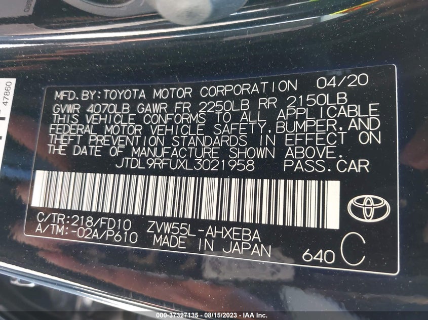 VIN JTDL9RFUXL3021958 2020 TOYOTA PRIUS LE/XLE