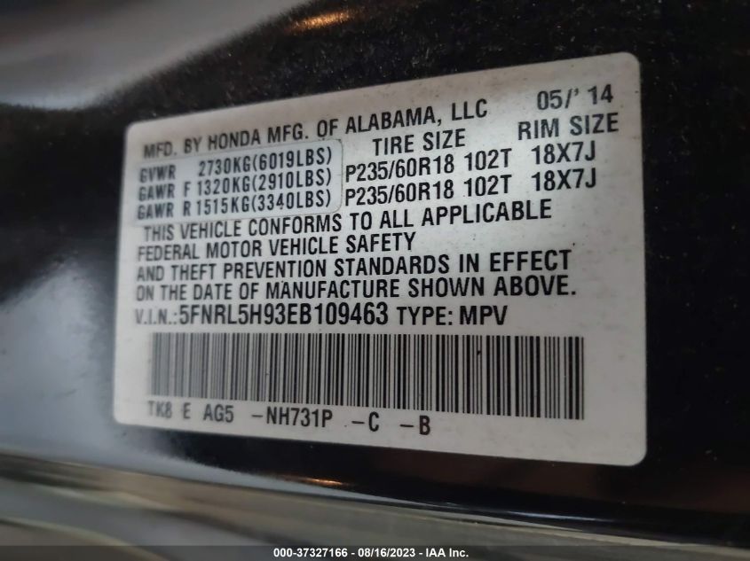 2014 HONDA ODYSSEY TOURING - 5FNRL5H93EB109463