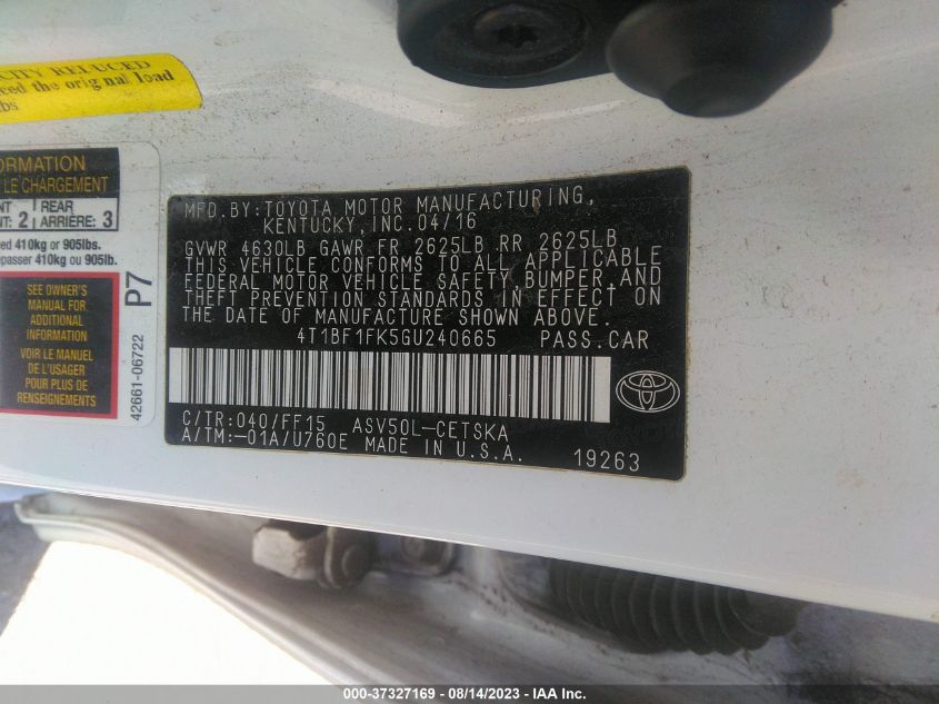 2016 TOYOTA CAMRY XLE/SE/LE/XSE - 4T1BF1FK5GU240665
