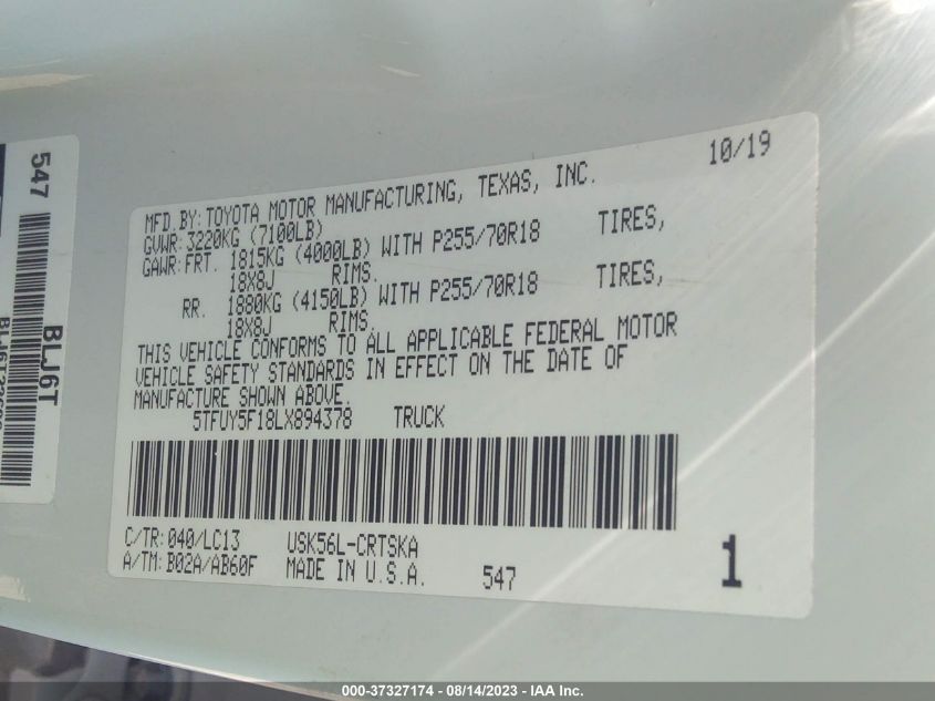 2020 TOYOTA TUNDRA 4WD SR/SR5/TRD PRO - 5TFUY5F18LX894378