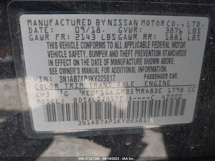 2019 NISSAN SENTRA S/SV/SR/SL - 3N1AB7AP1KY225H17