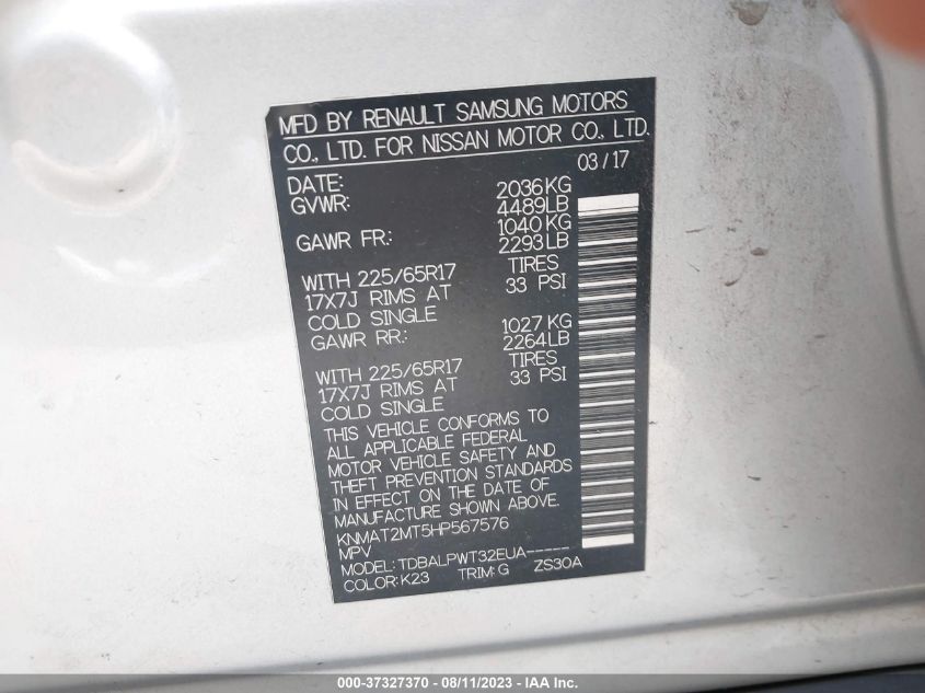 VIN KNMAT2MT5HP567576 2017 NISSAN ROGUE S