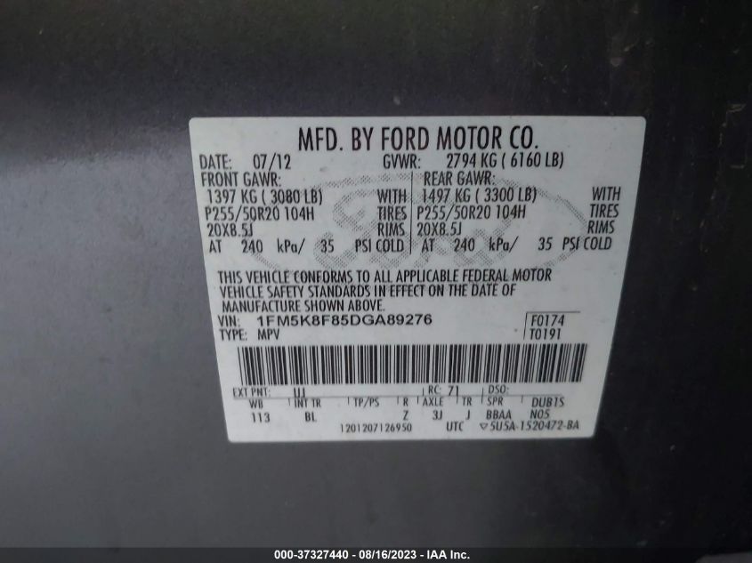 2013 FORD EXPLORER LIMITED - 1FM5K8F85DGA89276