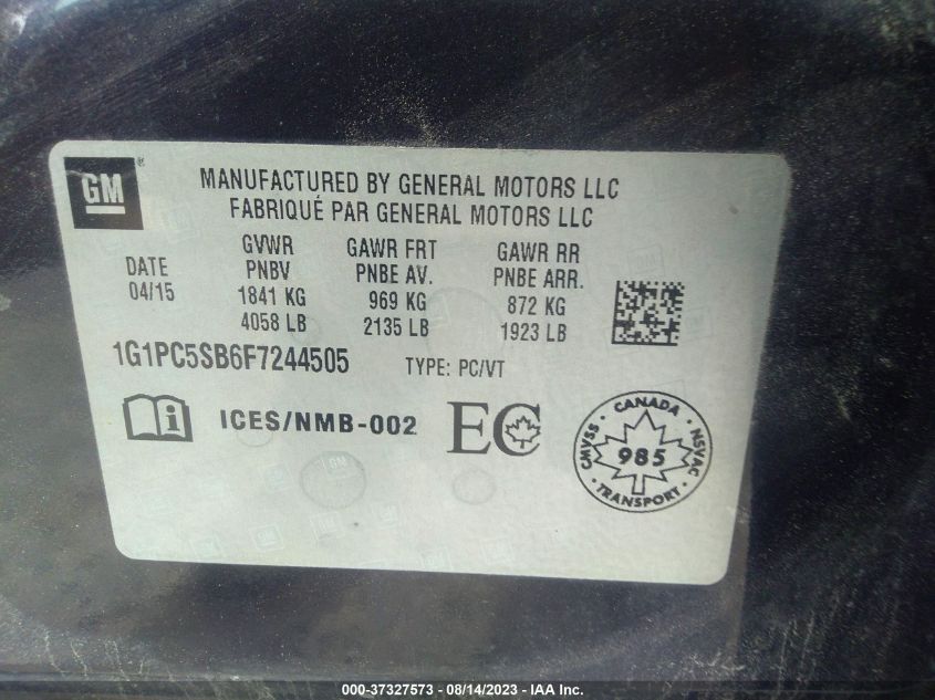 2015 CHEVROLET CRUZE LT - 1G1PC5SB6F7244505