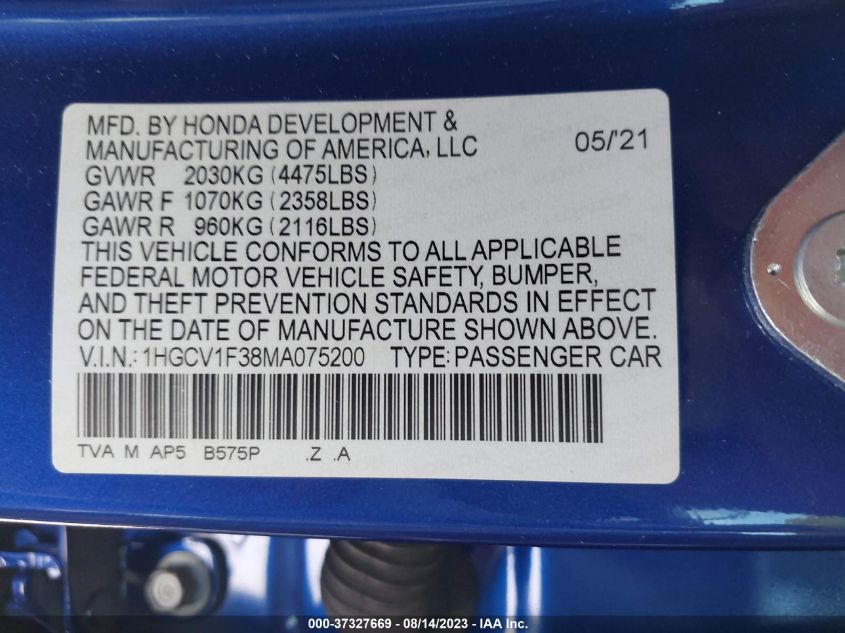 2021 HONDA ACCORD SEDAN SPORT - 1HGCV1F38MA075200