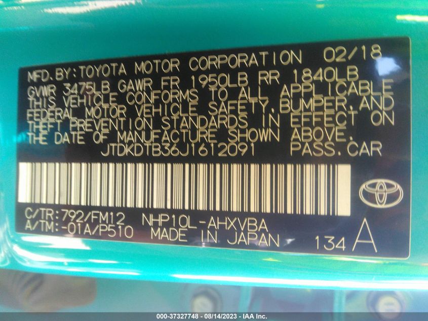 2018 TOYOTA PRIUS C ONE/TWO/THREE/FOUR - JTDKDTB36J1612091