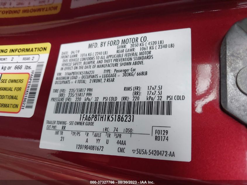 2019 FORD MUSTANG ECOBOOST - 1FA6P8TH1K5186231