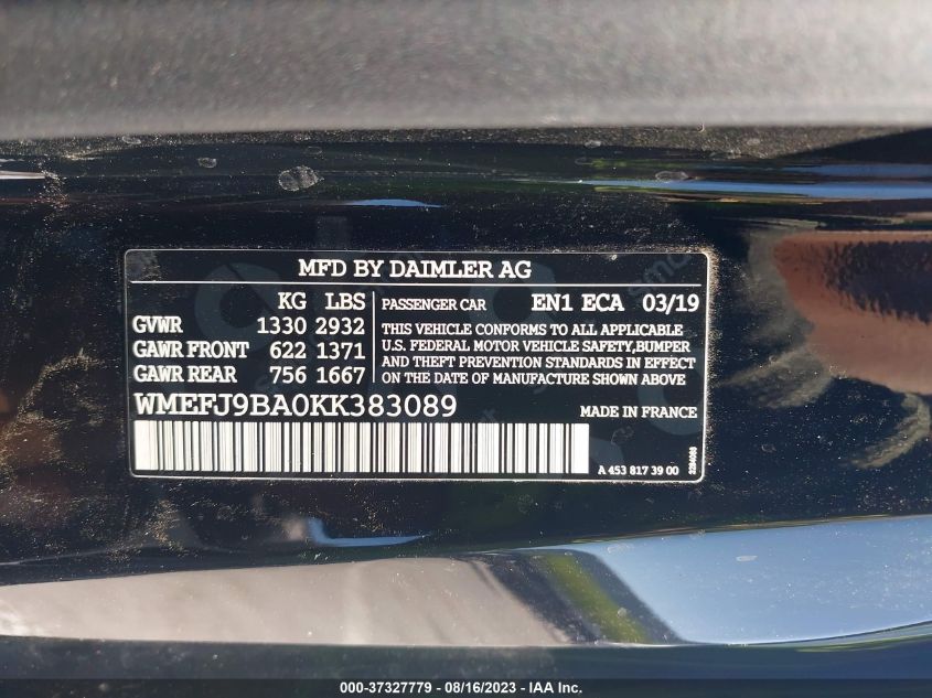2019 SMART EQ FORTWO PURE/PASSION/PRIME WMEFJ9BA0KK383089