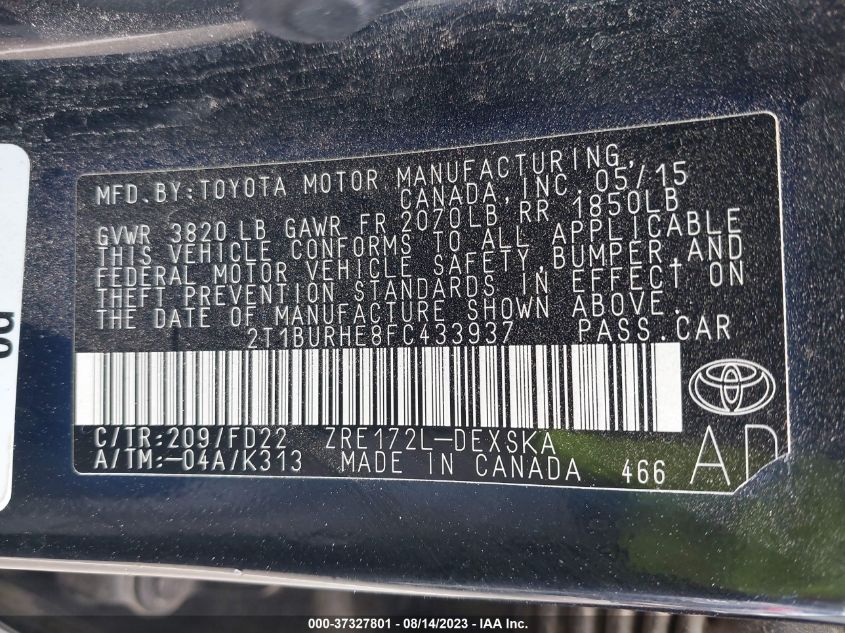 2015 TOYOTA COROLLA L/LE/LE PLS/PRM/S/S PLS - 2T1BURHE8FC433937