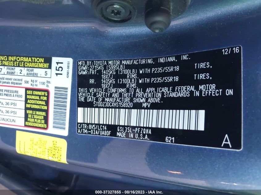 2017 TOYOTA SIENNA XLE - 5TDDZ3DCXHS158920