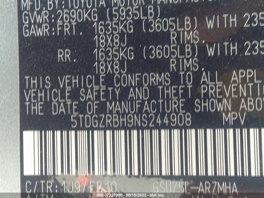 2022 TOYOTA HIGHLANDER XLE - 5TDGZRBH9NS244908