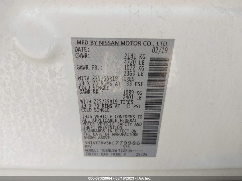 VIN 5N1AT2MV5KC779986 2019 NISSAN ROGUE S/SL/SV