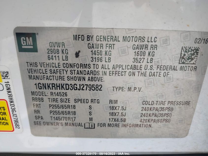 2016 CHEVROLET TRAVERSE LT - 1GNKRHKD3GJ279582