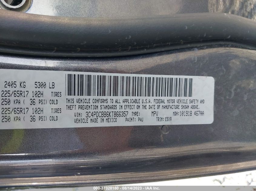 VIN 3C4PDCBB6KT866357 2019 DODGE JOURNEY SE