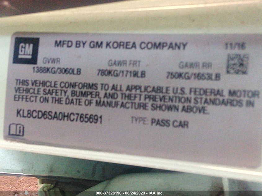 2017 CHEVROLET SPARK LT - KL8CD6SA0HC765691