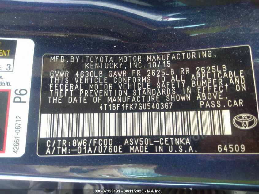 2016 TOYOTA CAMRY LE - 4T1BF1FK7GU540367