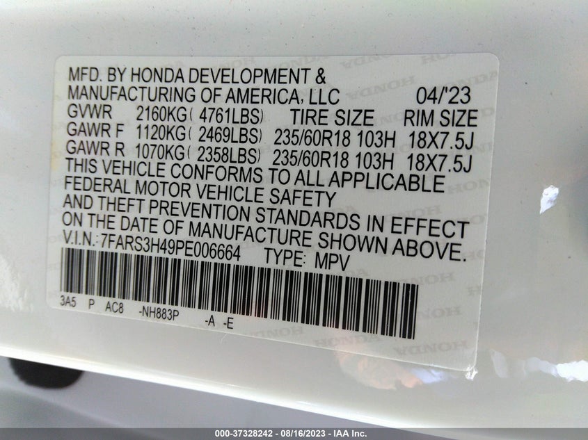 VIN 7FARS3H49PE006664 2023 HONDA CR-V EX