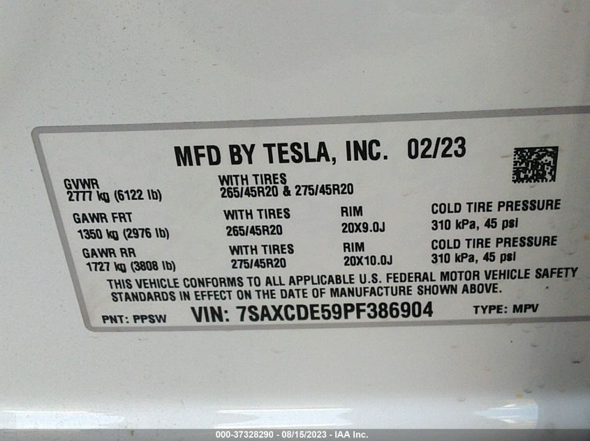VIN 7SAXCDE59PF386904 2023 TESLA MODEL X