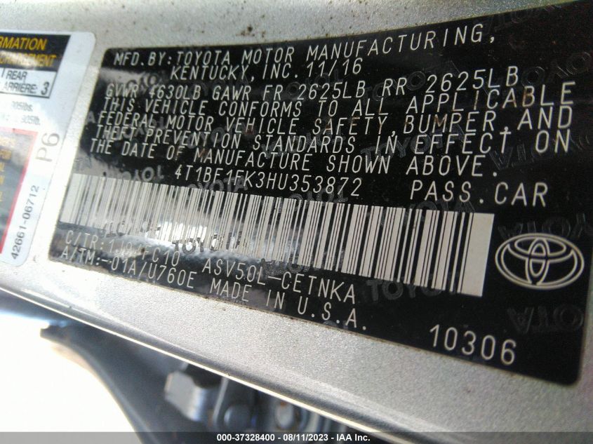 2017 TOYOTA CAMRY XLE/SE/LE/XSE - 4T1BF1FK3HU353872