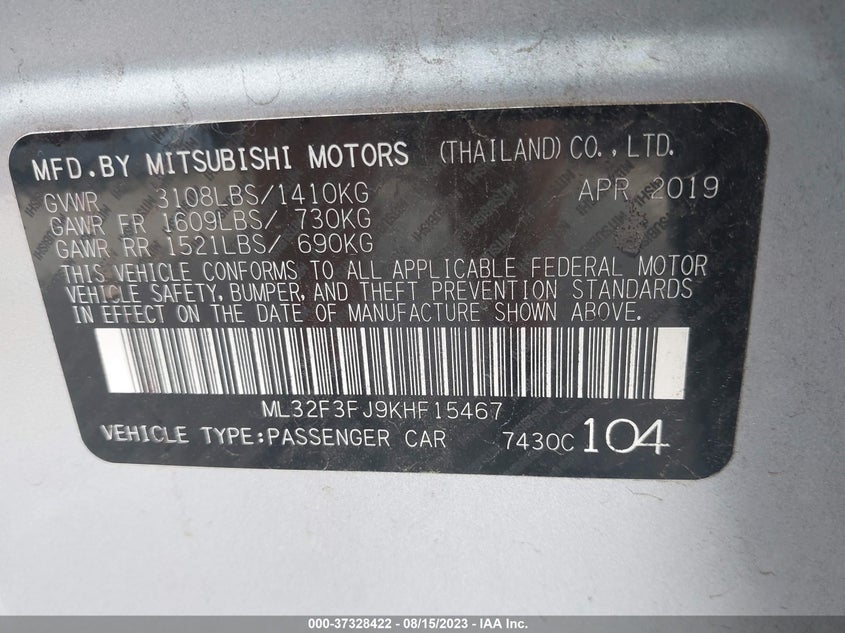 VIN ML32F3FJ9KHF15467 2019 MITSUBISHI MIRAGE G4 ES/RF