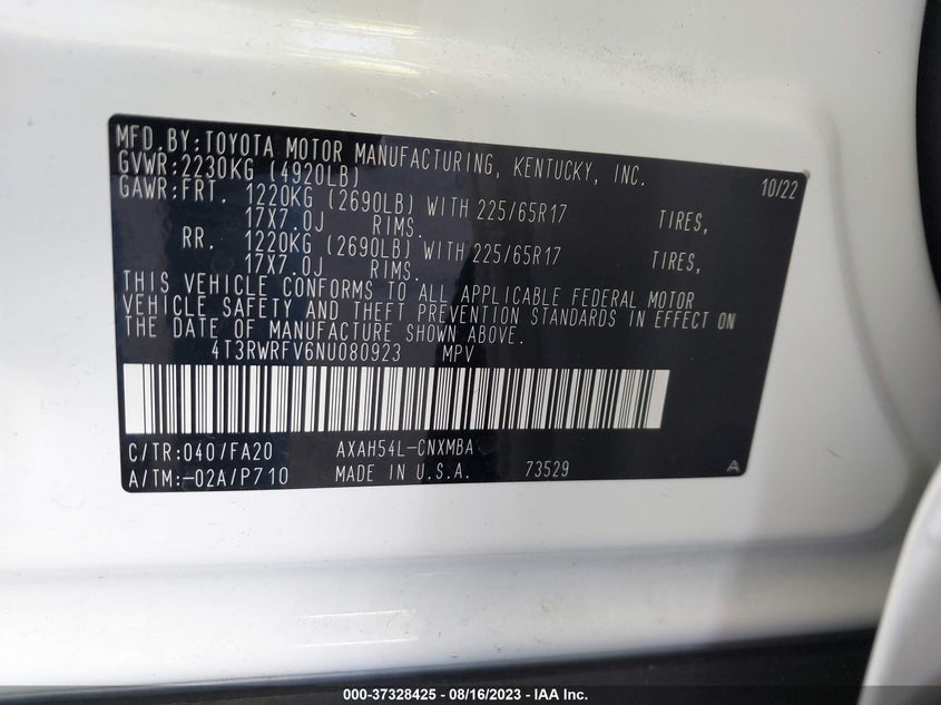 VIN 4T3RWRFV6NU080923 2022 TOYOTA RAV4 XLE