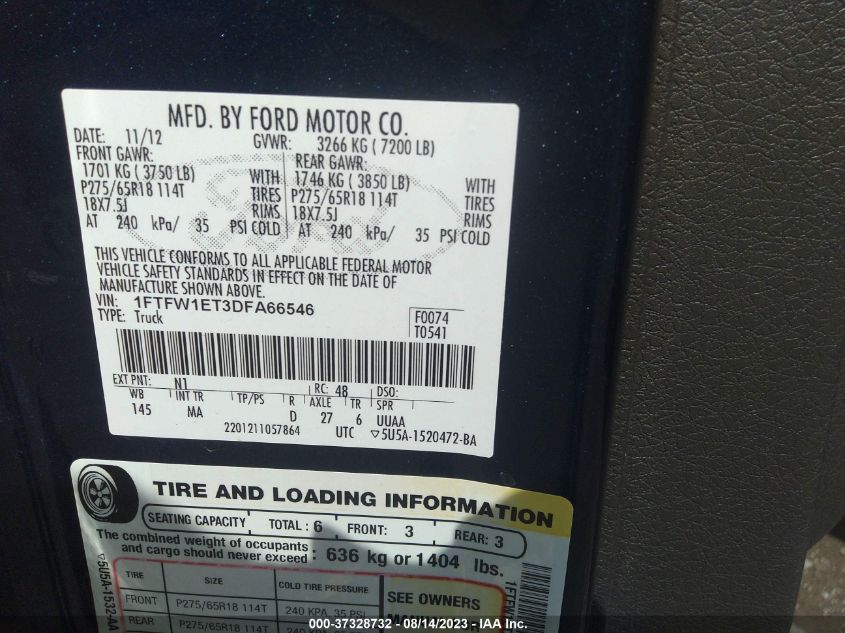 2013 FORD F-150 XL/XLT/FX4/LARIAT - 1FTFW1ET3DFA66546