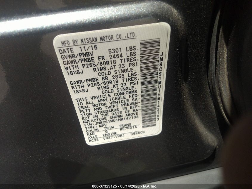 VIN JN8CS1MU1HM142103 2017 INFINITI QX70
