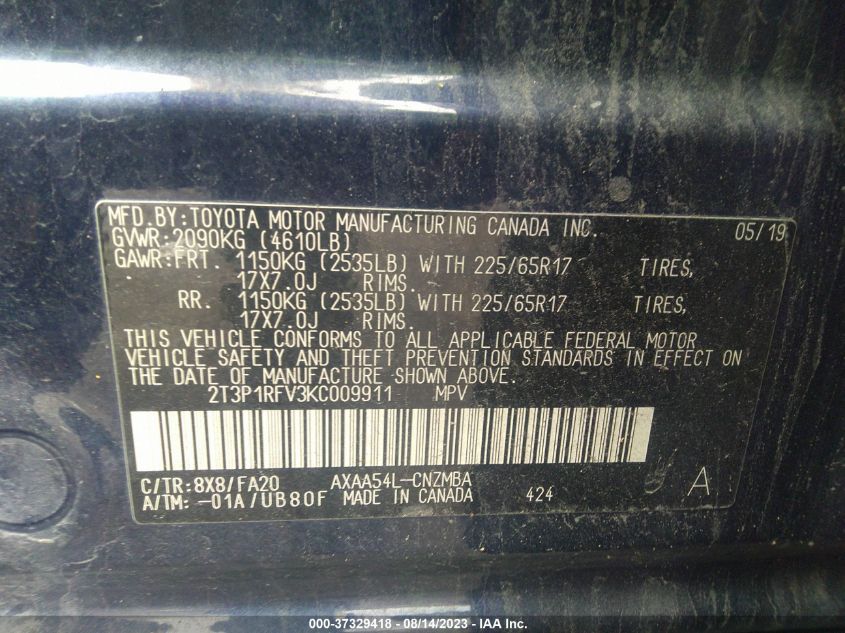2019 TOYOTA RAV4 XLE - 2T3P1RFV3KC009911