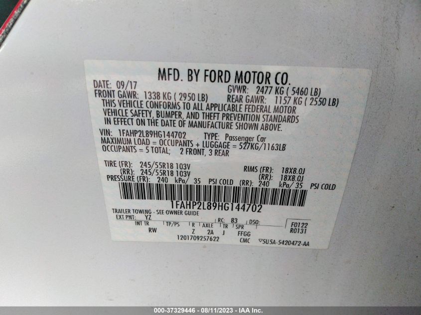 2017 FORD POLICE INTERCEPTOR SEDAN 1FAHP2L89HG144702
