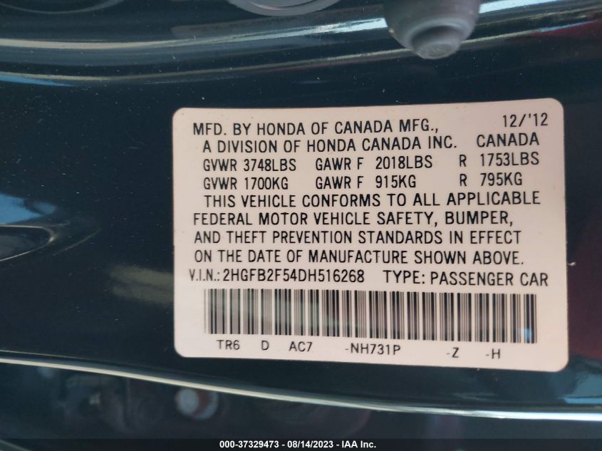 2013 HONDA CIVIC SDN LX - 2HGFB2F54DH516268