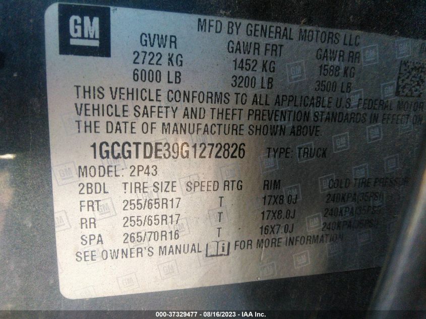 2016 CHEVROLET COLORADO 4WD Z71 - 1GCGTDE39G1272826