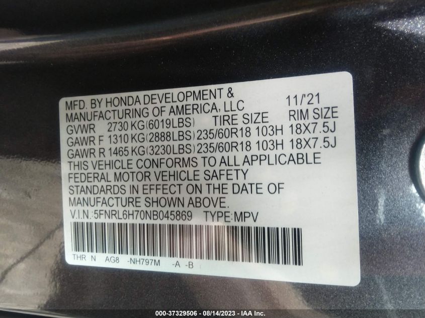 2022 HONDA ODYSSEY EX-L - 5FNRL6H70NB045869