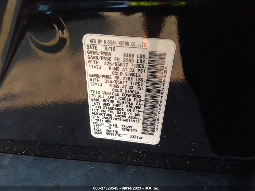 2016 NISSAN ROGUE S/SL/SV - JN8AT2MT5GW016010