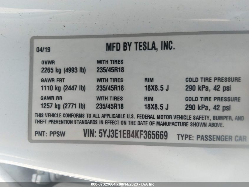 5YJ3E1EB4KF365669 Tesla Model 3 PERFORMANCE 9