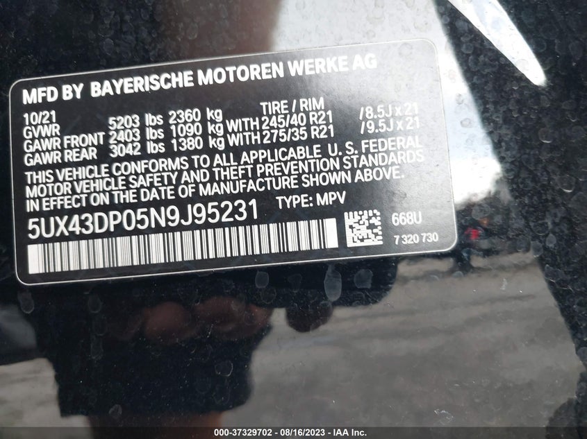 VIN 5UX43DP05N9J95231 2022 BMW X3 SDRIVE30I