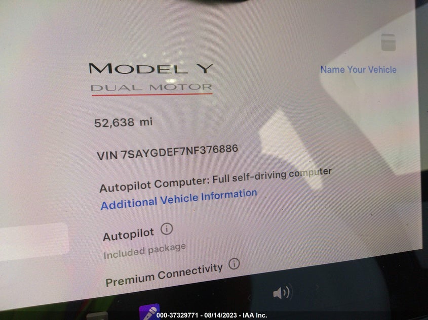 VIN 7SAYGDEF7NF376886 2022 TESLA MODEL Y